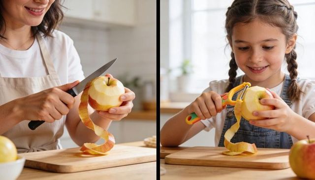 Parent and child peeling apples in bright kitchen, family cooking activity