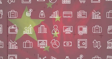Icons of business and finance overlaying chinese flag symbolizing growth