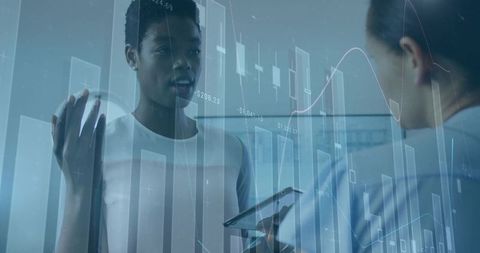 Business Professionals Analyzing Holographic Financial Data