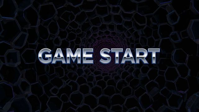 Futuristic game start text in hexagonal digital tunnel