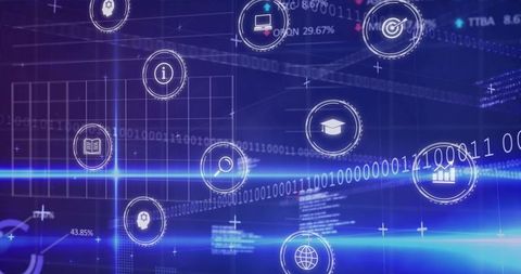 Futuristic Digital Interface with Floating Icons and Analytics