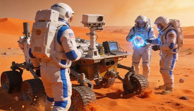 Astronauts Examining Glowing Alien Specimen Beside Rover on Martian Red Sand Dune Mission