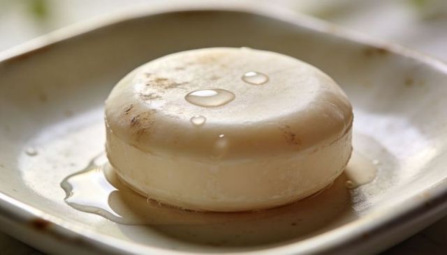 Round off-white soap bar sitting on ceramic dish with water droplets minimalist bathroom