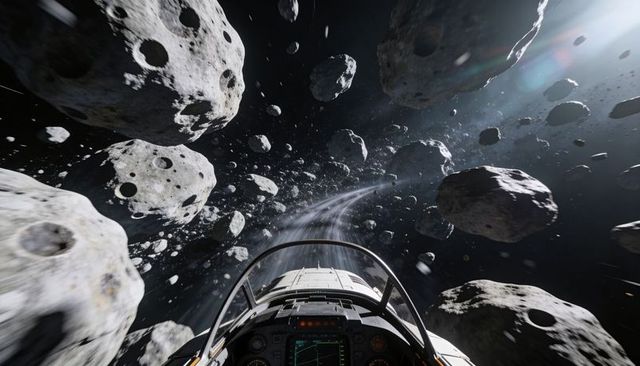 Starfighter cockpit navigating dense asteroid belt with glowing HUD and drifting debris