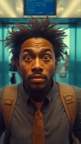 Surprised business traveler reacting to flight display update at airport | Vertical video