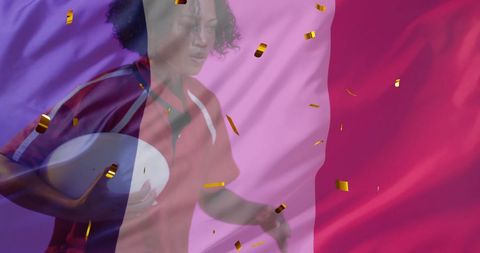 Biracial Woman Playing Rugby with French Flag Overlaid
