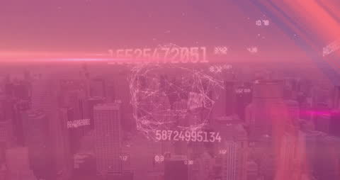 Digitized Globe with Binary Overlay in Modern Cityscape