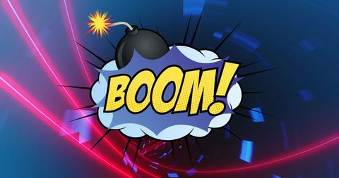 Retro Comic Boom Text with Neon Shapes Background