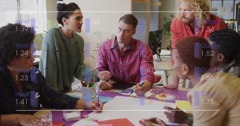 Diverse Team Meeting with Data Visualization Overlay