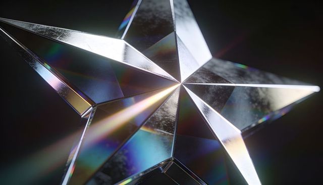 Iridescent faceted crystal star ornament reflecting rainbow light and prism flares