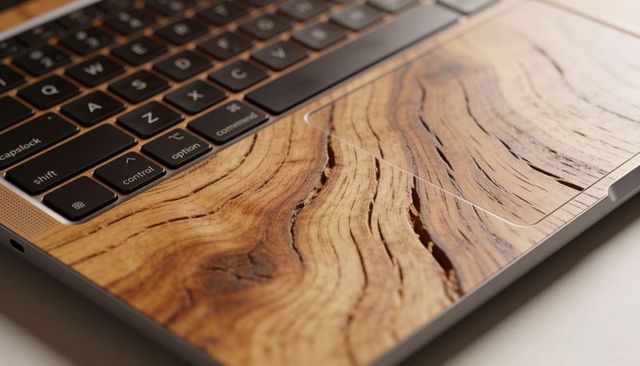 Closeup laptop palmrest featuring natural wood-grain skin vinyl decal on modern keyboard