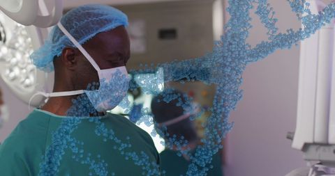DNA Strand Superimposed with Doctor in Surgical Environment