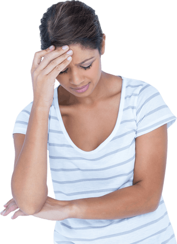 Sad Biracial Woman Holding Head on Transparent Background