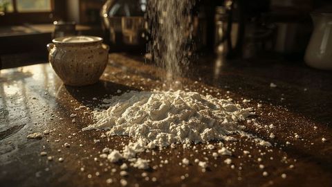 Milk powder cascade creating cozy kitchen ambiance