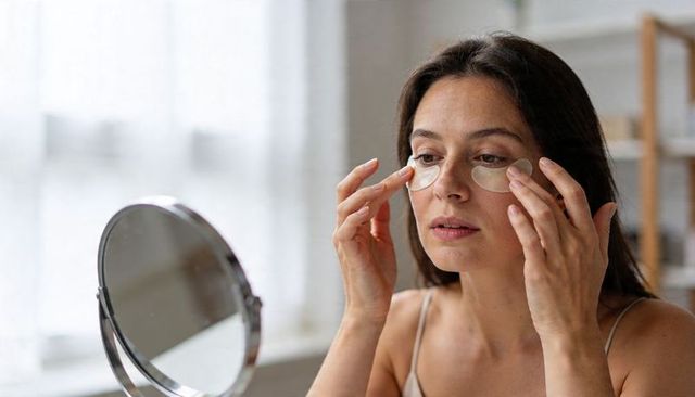 Woman applying hydrogel eye patches at vanity mirror during bright morning skincare ritual