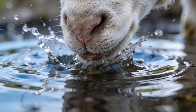 Close-up sheep muzzle drinking, water splash creating concentric ripples on farm pond