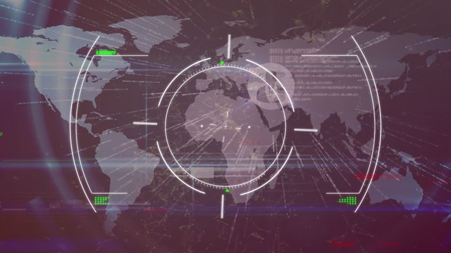 Digital viewfinder superimposed on a world map with glitch effects and data overlays, showcasing global connections and technological interface concepts. Ideal for use in presentations, websites, or videos focusing on cybersecurity, global tracking, data analysis, or advanced digital technologies.