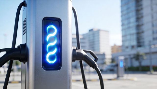 Blue led ev charger displaying spiral indicator with dual cables in urban parking
