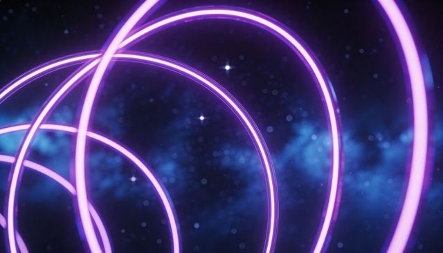 Magenta purple neon rings orbiting deep blue starfield with luminous particles