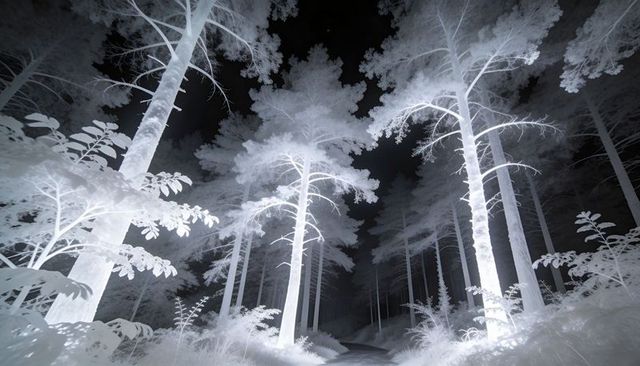 Leading Glowing Pine Trail at Night with Ethereal White Trunks, Misty Canopy, Moody Vibe