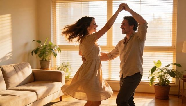 Couple dancing in golden sunlight twirling in cozy living room with plants and wooden blinds