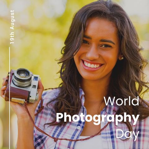 world photography day celebration with smiling woman and retro camera - Download Free Stock Templates Pikwizard.com