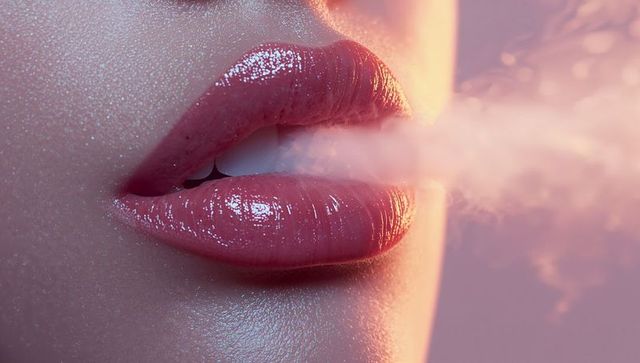 Glossy pink lips exhaling soft vapor close-up with glitter skin and studio glow