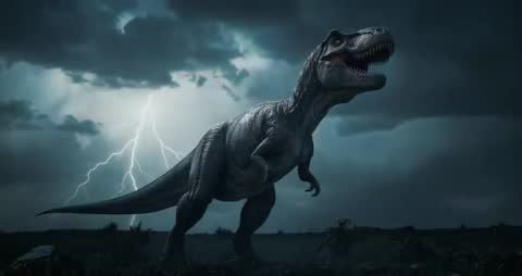 Roaring Tyrannosaurus Rex in Storm with Striking Lightning Bolt
