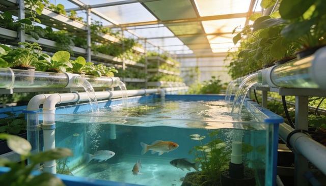 Showing aquaponics system with clear fish tank, cascading pvc channels in greenhouse