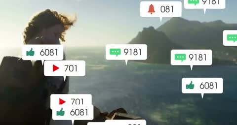 Woman Enjoying Scenic Coastal Views with Overlay of Social Media Icons