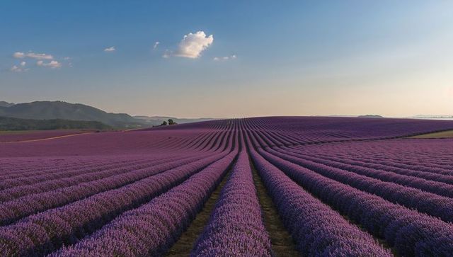 Lavender rows stretching to horizon in rolling countryside at golden hour, purple expanse