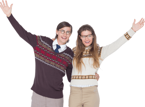 Transparent banner of joyful hipster couple in casual wear