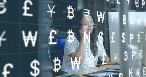 Businesswoman Analyzing Global Currency Data in Modern Office