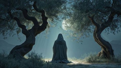 Mystical Enchanted Grove with Hooded Figure Under Full Moonlight - Download Free Stock Images Pikwizard.com