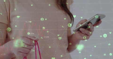 Young Woman Using Smartphone for Fitness Goals with Digital Analytics Overlay