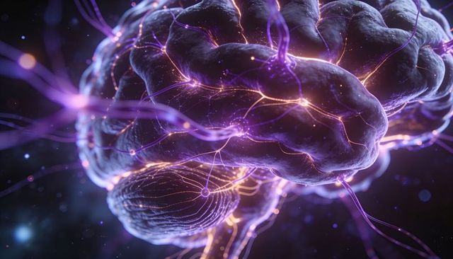 Neon Neural Network Brain with Glowing Synapses and Futuristic Circuitry Connections Concept