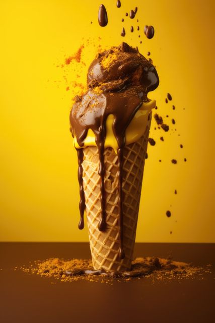 Mouth-watering image of chocolate dripping over a soft-serve ice cream cone against a vibrant yellow background. Perfect for advertisements, social media posts, food blogs, and dessert menus. Emphasizes the allure of sweet treats and indulgences.