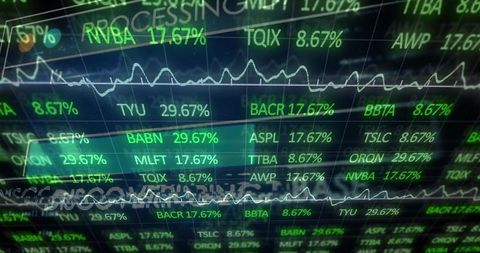 Neon market data matrix cycling stock tickers and percentages with teal cyan waveform glare