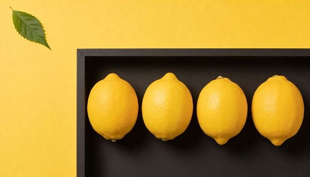 Four lemons lined in matte black tray on bright yellow background with green leaf symmetry