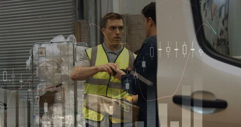 Courier Collaborating with Warehouse Worker Amid Financial Data Overlay