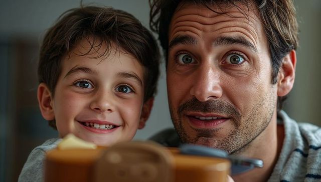 Smiling father and son playing with toy camera, intimate closeup family bonding moment