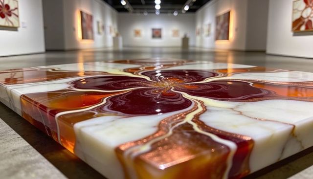 Displaying glossy resin floral panel in contemporary gallery with burgundy amber copper swirl