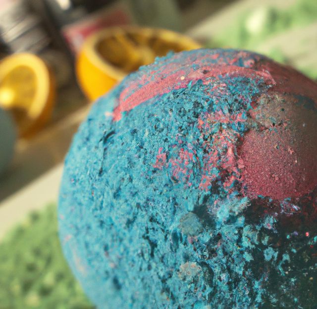 This stock photo showcases a handcrafted colorful scented bath bomb in focus, with a blurred background of citrus fruits. Ideal for promoting self-care products, spa services, wellness routines, or natural and organic beauty items.