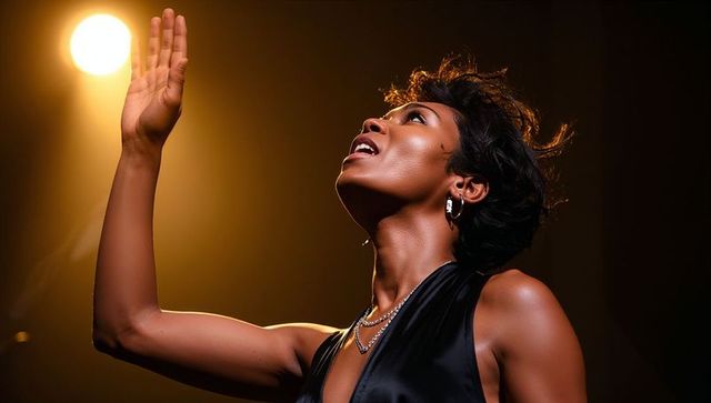 Vocalist reaching toward spotlight looking upward wearing black satin dress and hoop earrings