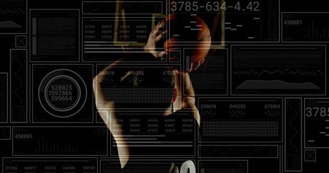Silhouetted basketball player holding ball overhead with HUD data overlay and rimlight