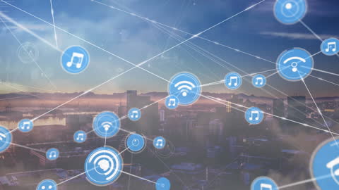Digital Network of Icons Over Urban Skyline