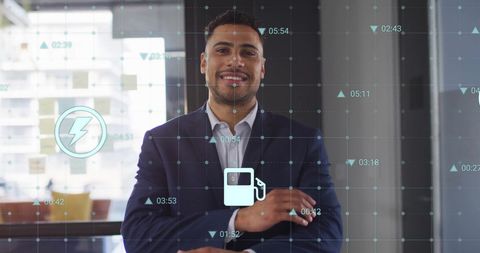 smiling businessman with digital green energy interface in office - Download Free Stock Images Pikwizard.com