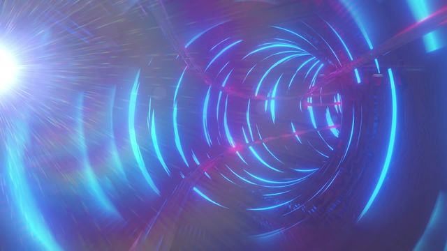 Depicts a vibrant, glowing neon tunnel filled with dynamic light trails and spots, creating an abstract digital background. Ideal for use in technology, science fiction-themed projects, digital media designs, advertisements, presentations, and immersive or virtual experience visuals.