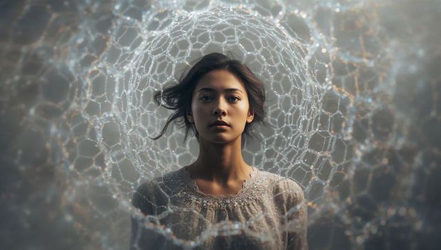 Standing woman wearing embroidered blouse surrounded by translucent geometric lattice halo