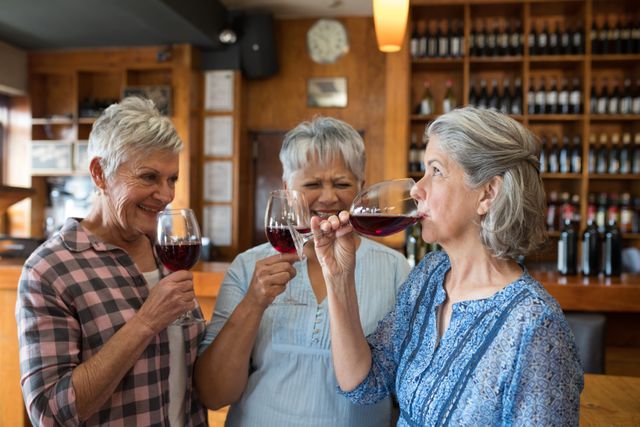 Three senior women are enjoying red wine together in a cozy restaurant with a wooden interior. They are smiling and appear to be having a pleasant conversation. This image can be used for promoting social gatherings, senior lifestyle, friendship, and leisure activities.